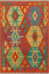 Flat Weave Kilim Antique Navaho Vintage handmade Geometric Kilim Rust Gold Hand-Woven Rectangle 100% Wool Area Rug 3x4